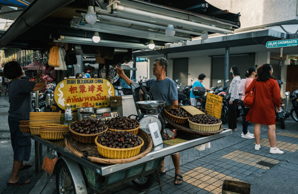 Chestnuts on a pushcart, Chowrastra Street, George Town, Penang, Malaysia.
