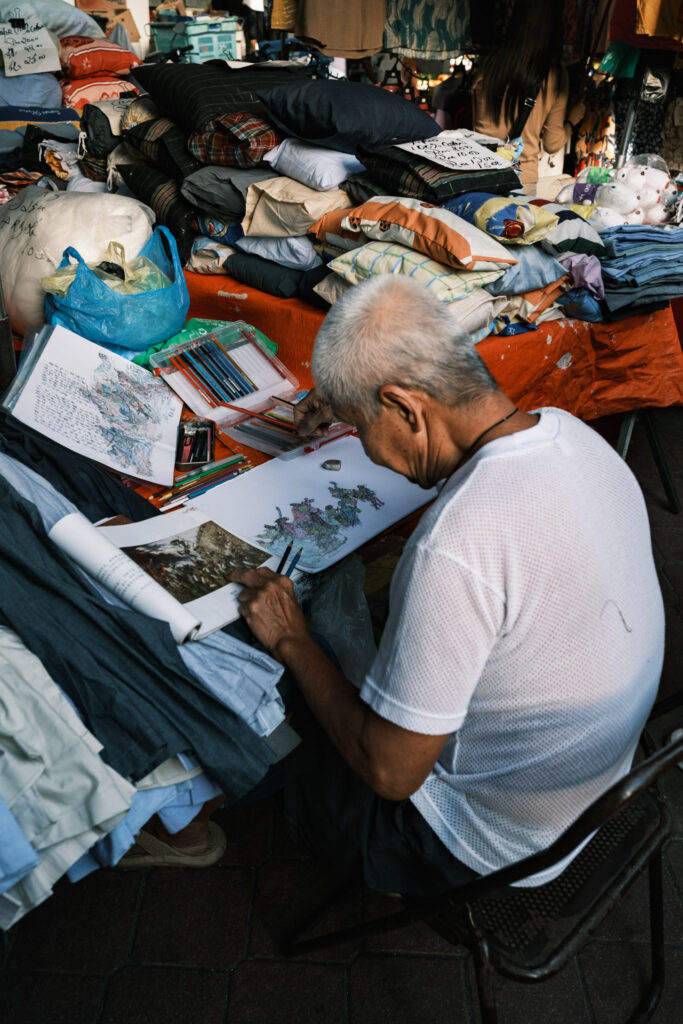 Hand-drawn illustrations, Chowrastra Street, George Town, Penang, Malaysia.