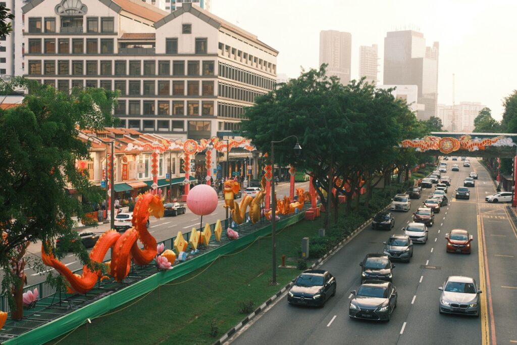 Decorative dragons in between Eu Tong Sen and New Bridge Road, as seen from Garden Link Bridge.