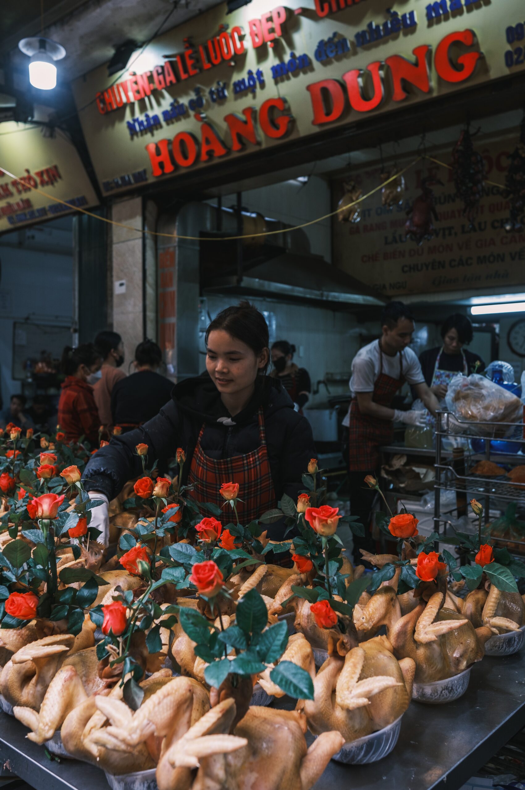 Boiled Chicken with Rose Branches, Hang Be Street Market, Hanoi, Vietnam