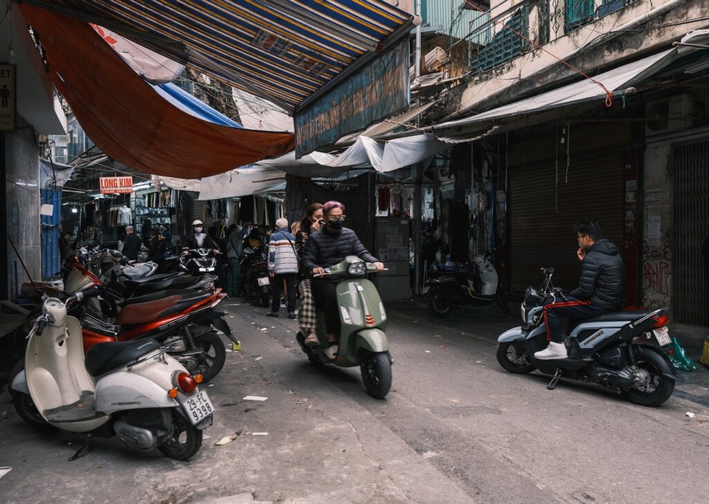 Narrow street at The Old Quarter, Hanoi, Vietnam.