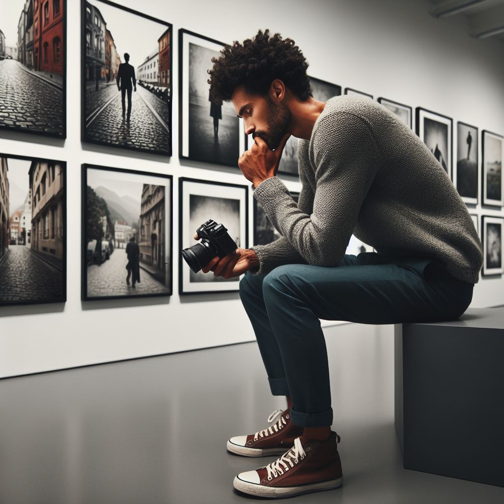 A photographer looks at his camera at a photo gallery.